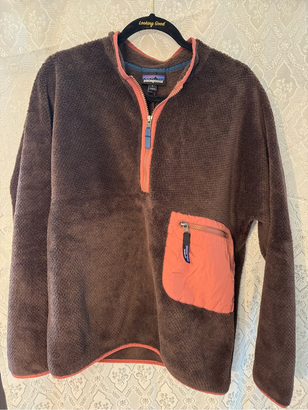 Patagonia Brown Fleece Pullover with Coral Pocket